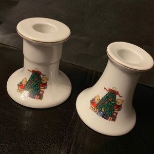 Vintage Porcelain candle sticks with Christmas tree & teddy bear